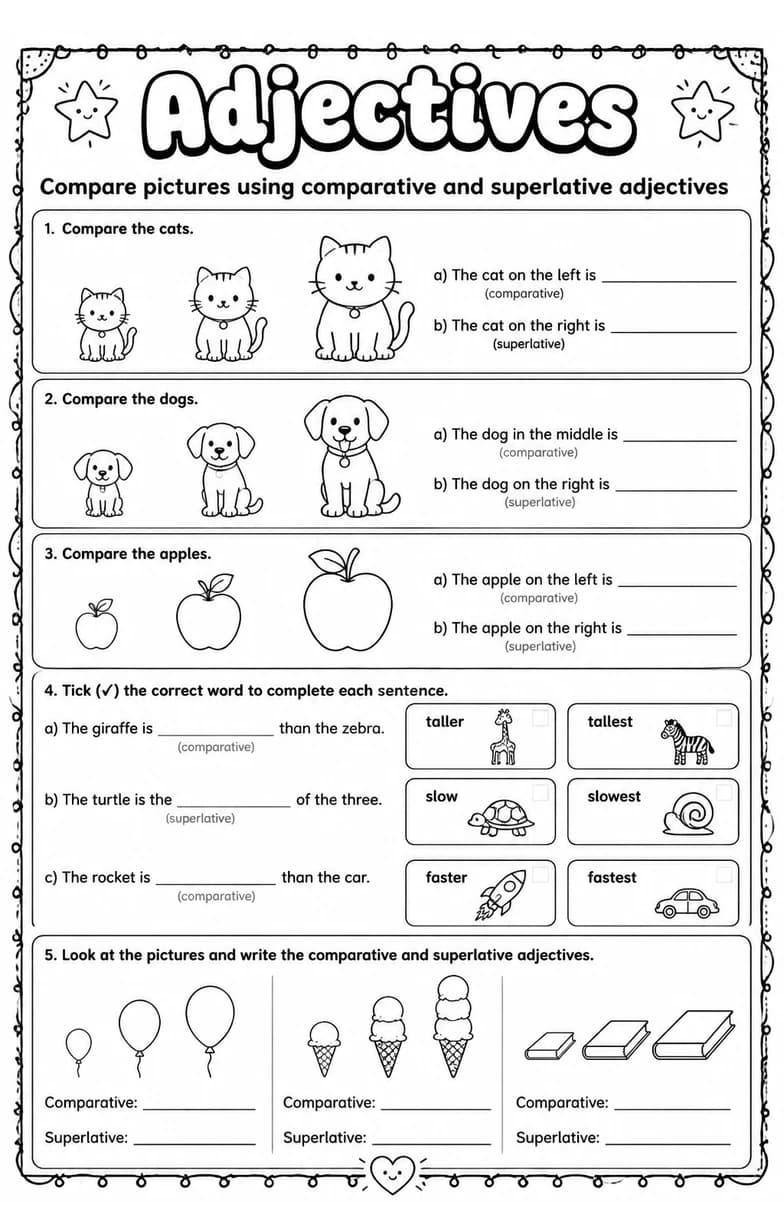 Compare pictures using comparative and superlative adjectives — free printable Grade 1 English & Reading worksheet