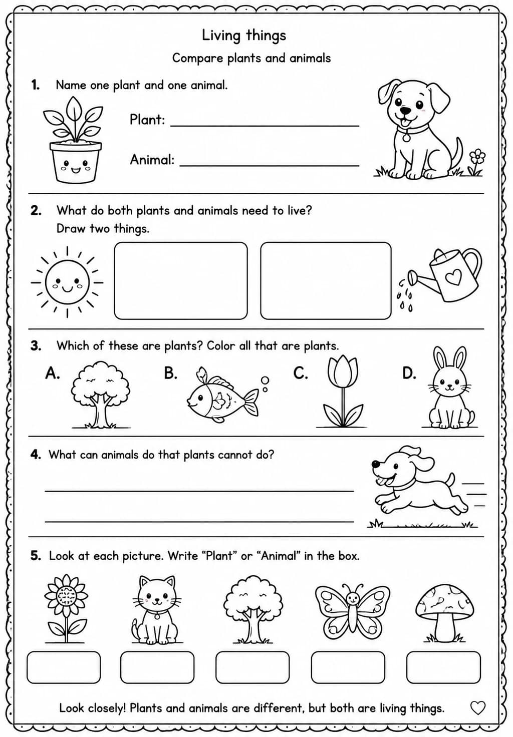 Compare plants and animals — free printable Kindergarten Science worksheet