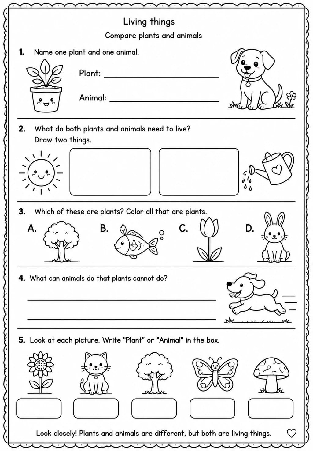 Compare plants and animals — free printable Kindergarten Science worksheet