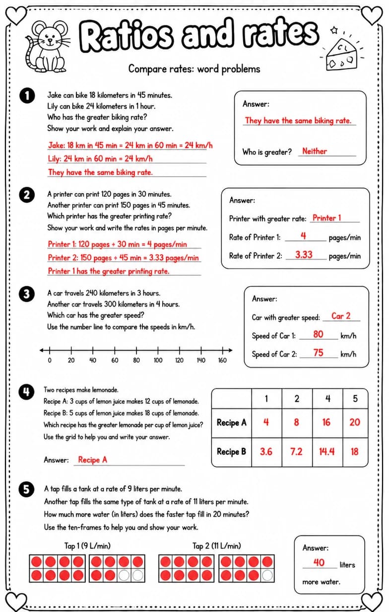 Answer key for Compare rates: word problems — free printable Math worksheet