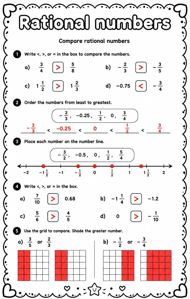 Answer key for Compare rational numbers — free printable Math worksheet