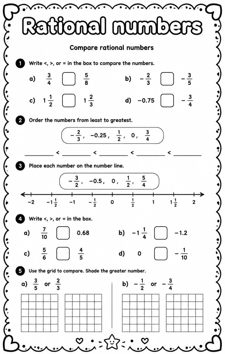 Compare rational numbers — free printable Grade 6 math worksheet