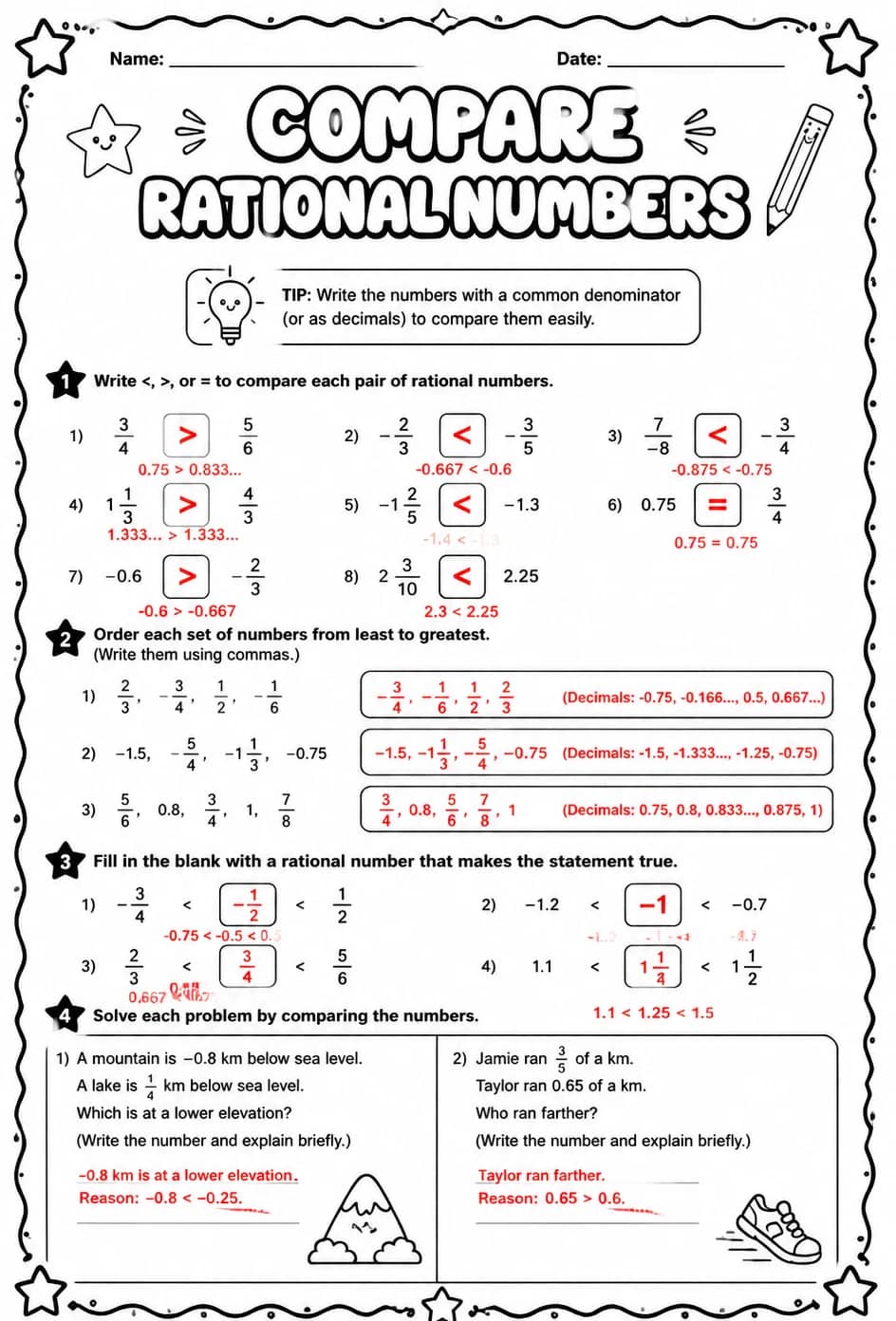 Answer key for Compare rational numbers — free printable Math worksheet