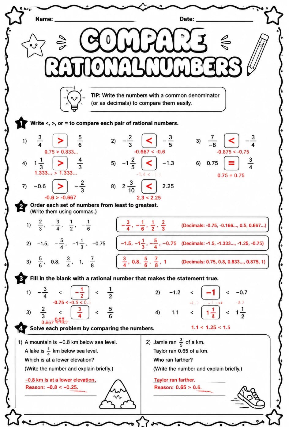 Answer key for Compare rational numbers — free printable Math worksheet