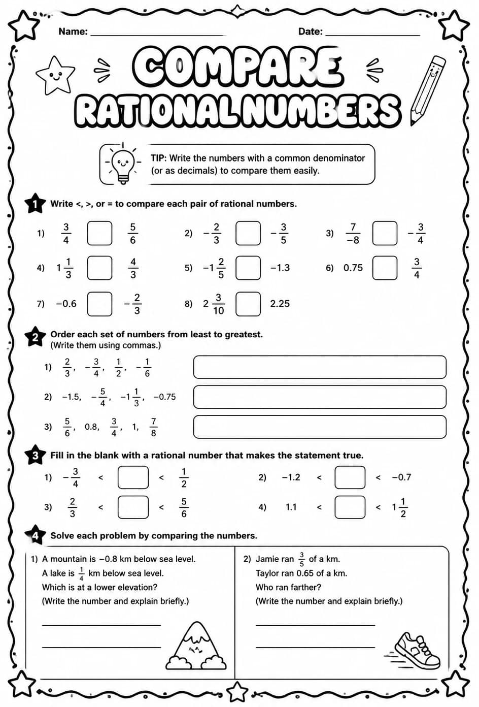 Compare rational numbers — free printable Grade 8 math worksheet