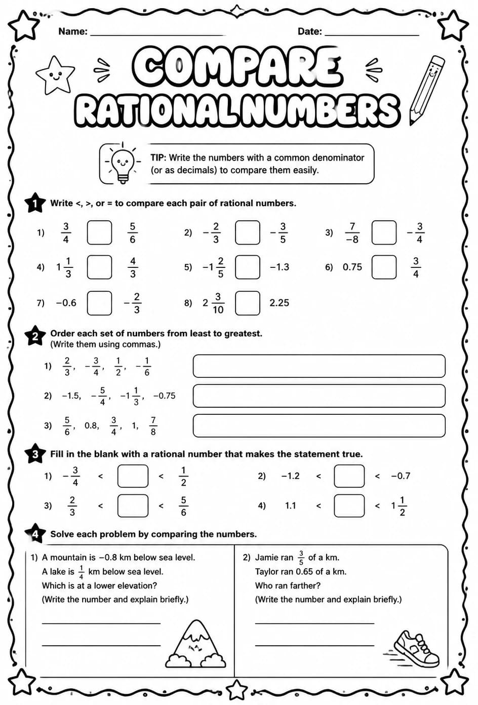 Compare rational numbers — free printable Grade 8 math worksheet