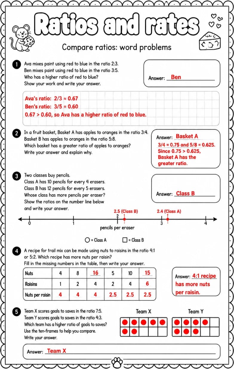 Answer key for Compare ratios: word problems — free printable Math worksheet