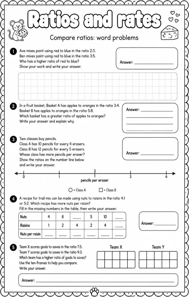 Compare ratios: word problems — free printable Grade 6 math worksheet