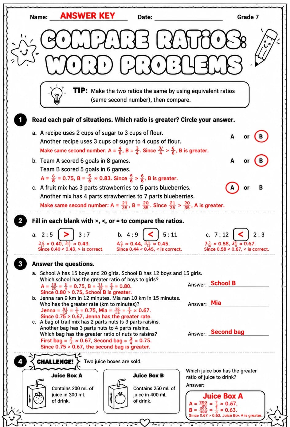Answer key for Compare ratios: word problems — free printable Math worksheet