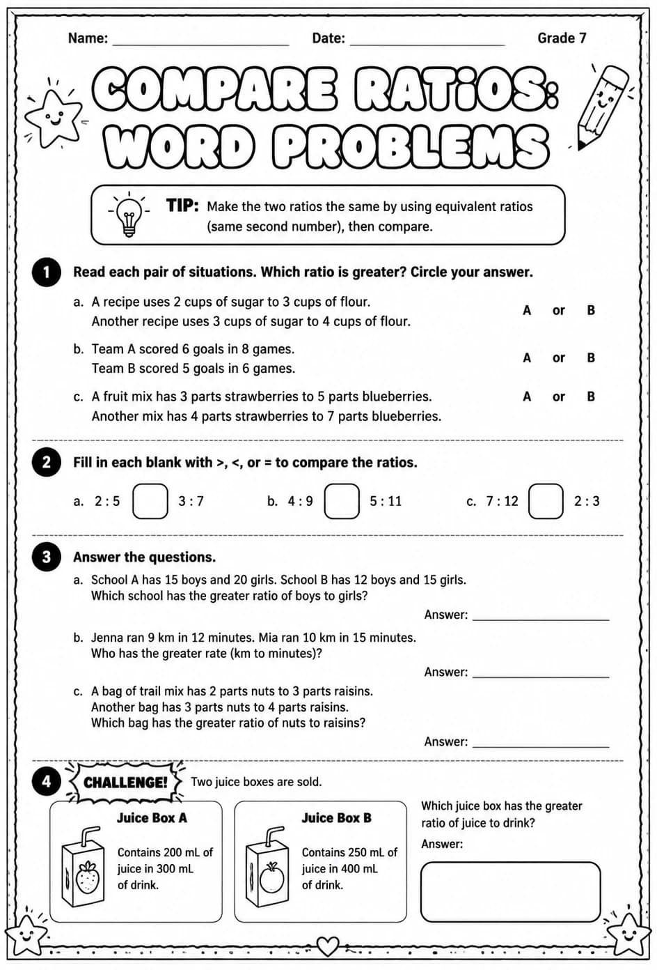 Compare ratios: word problems — free printable Grade 7 math worksheet
