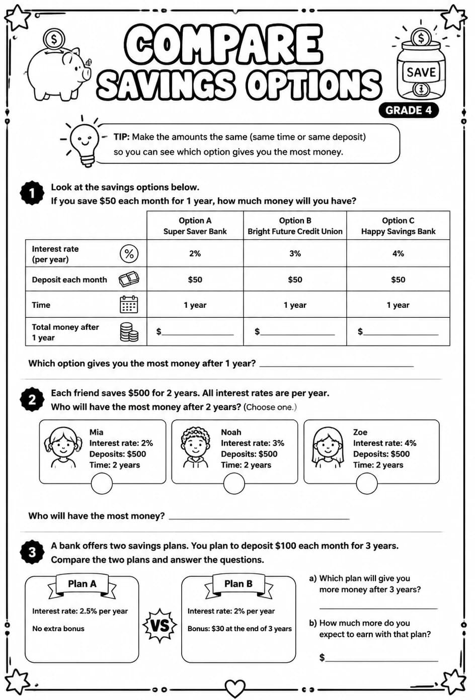 Compare savings options — free printable Grade 4 math worksheet