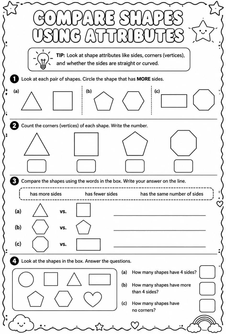 Compare shapes using attributes — free printable Grade 1 math worksheet