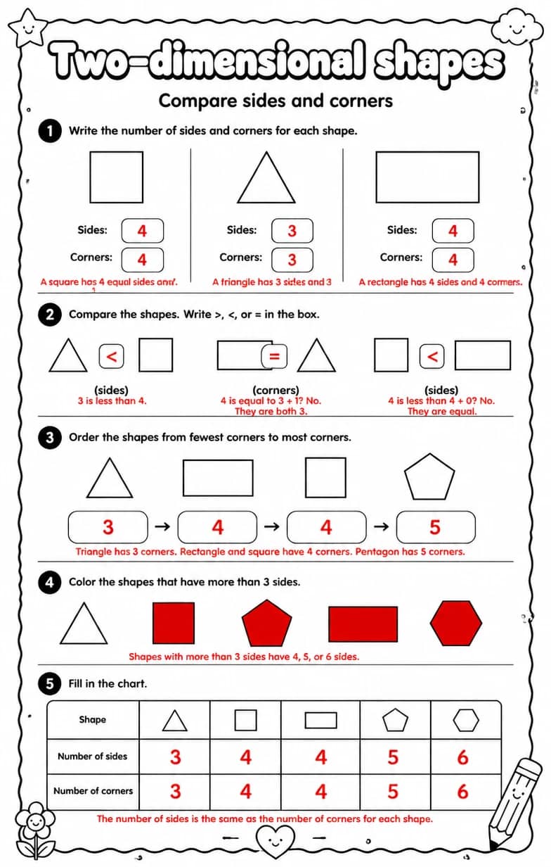 Answer key for Compare sides and corners — free printable Math worksheet