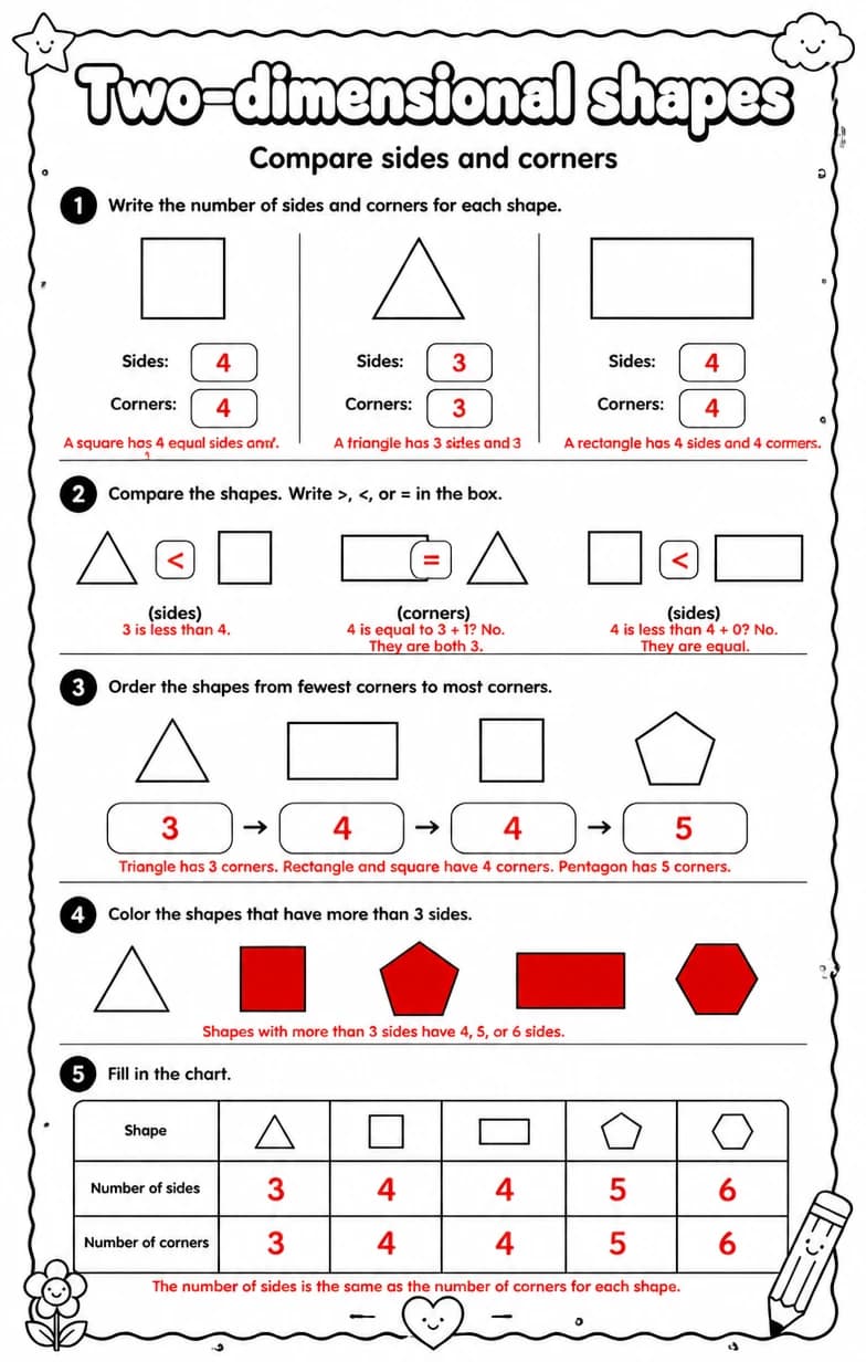 Answer key for Compare sides and corners — free printable Math worksheet