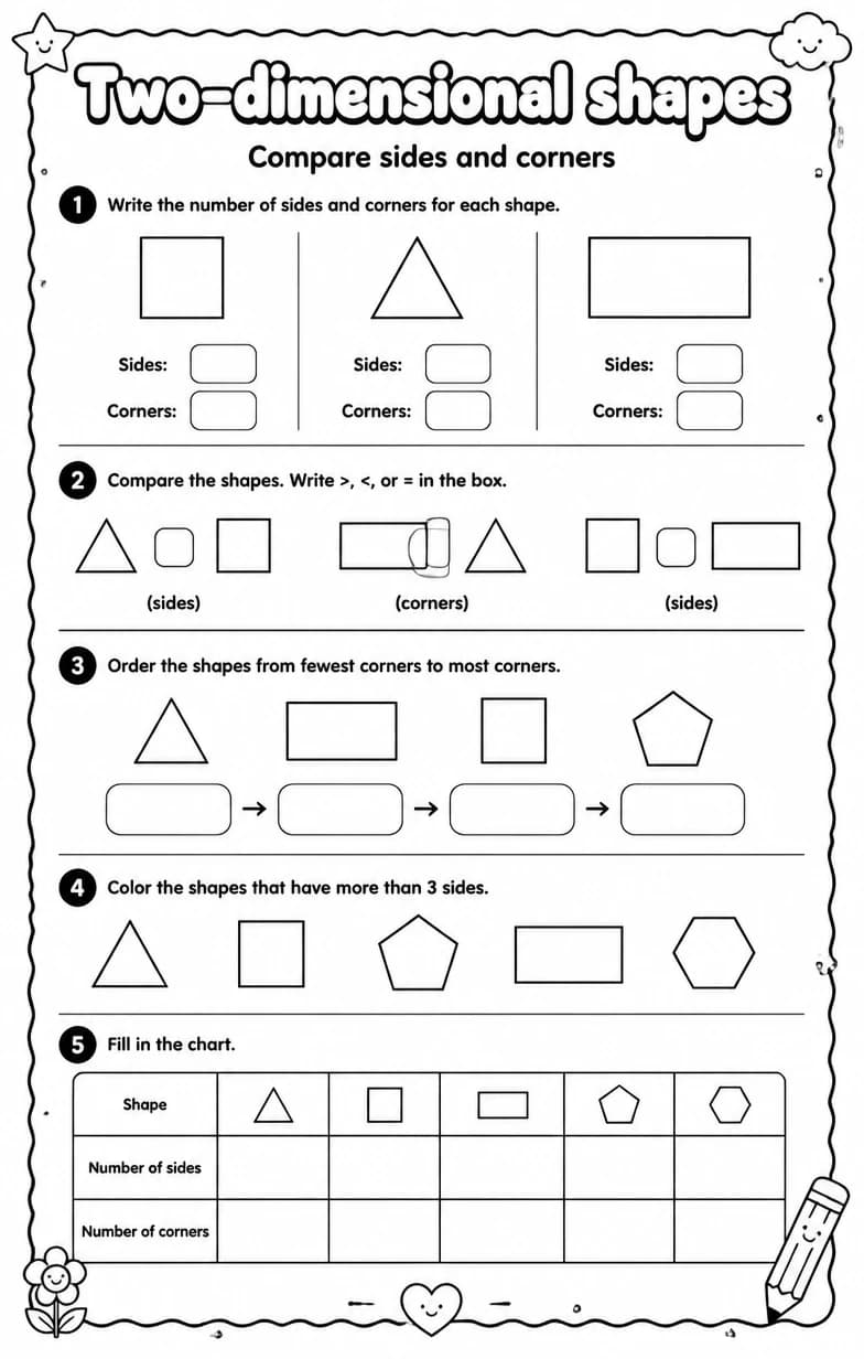 Compare sides and corners — free printable Grade 1 math worksheet
