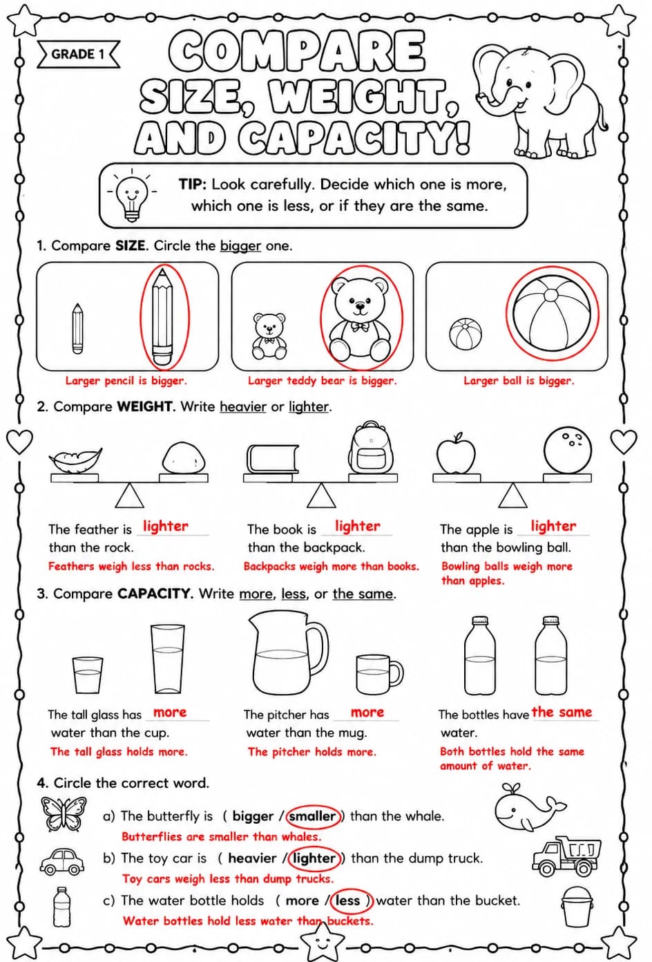 Answer key for Compare size, weight, and capacity — free printable Math worksheet