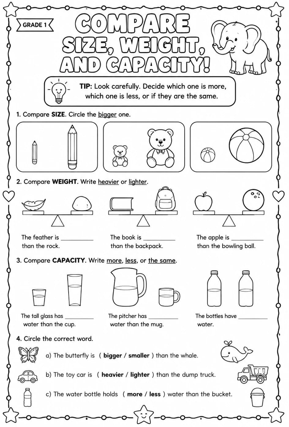 Compare size, weight, and capacity — free printable Grade 1 math worksheet