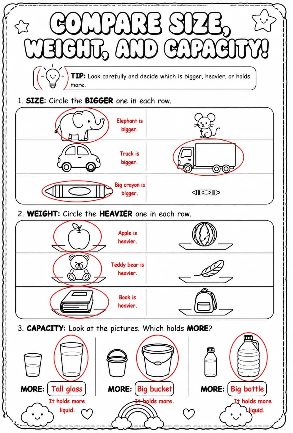 Answer key for Compare size, weight, and capacity — free printable Math worksheet