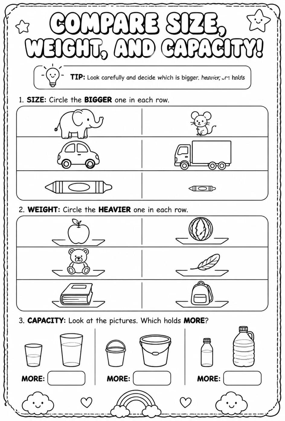 Compare size, weight, and capacity — free printable Pre-K math worksheet