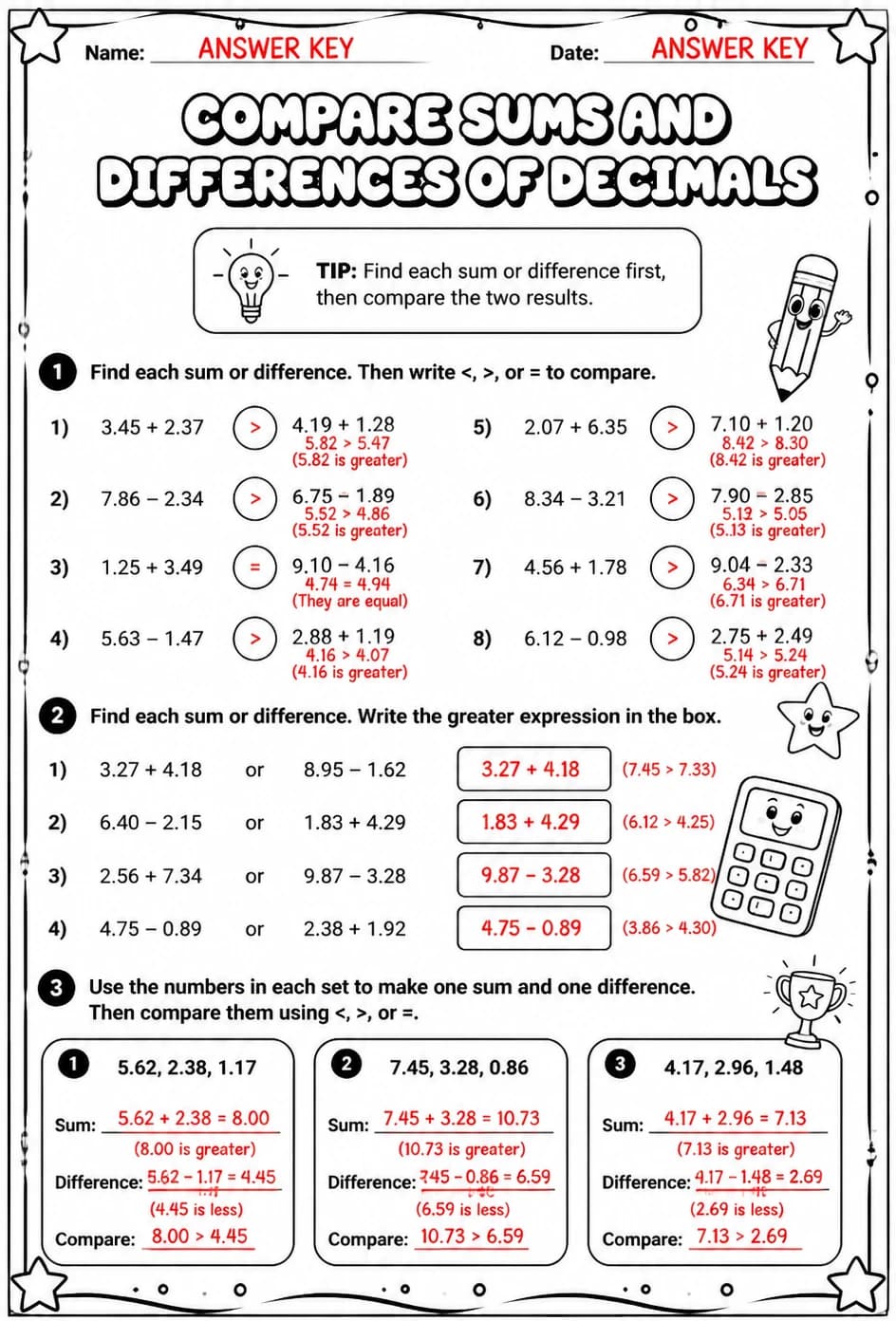 Answer key for Compare sums and differences of decimals — free printable Math worksheet