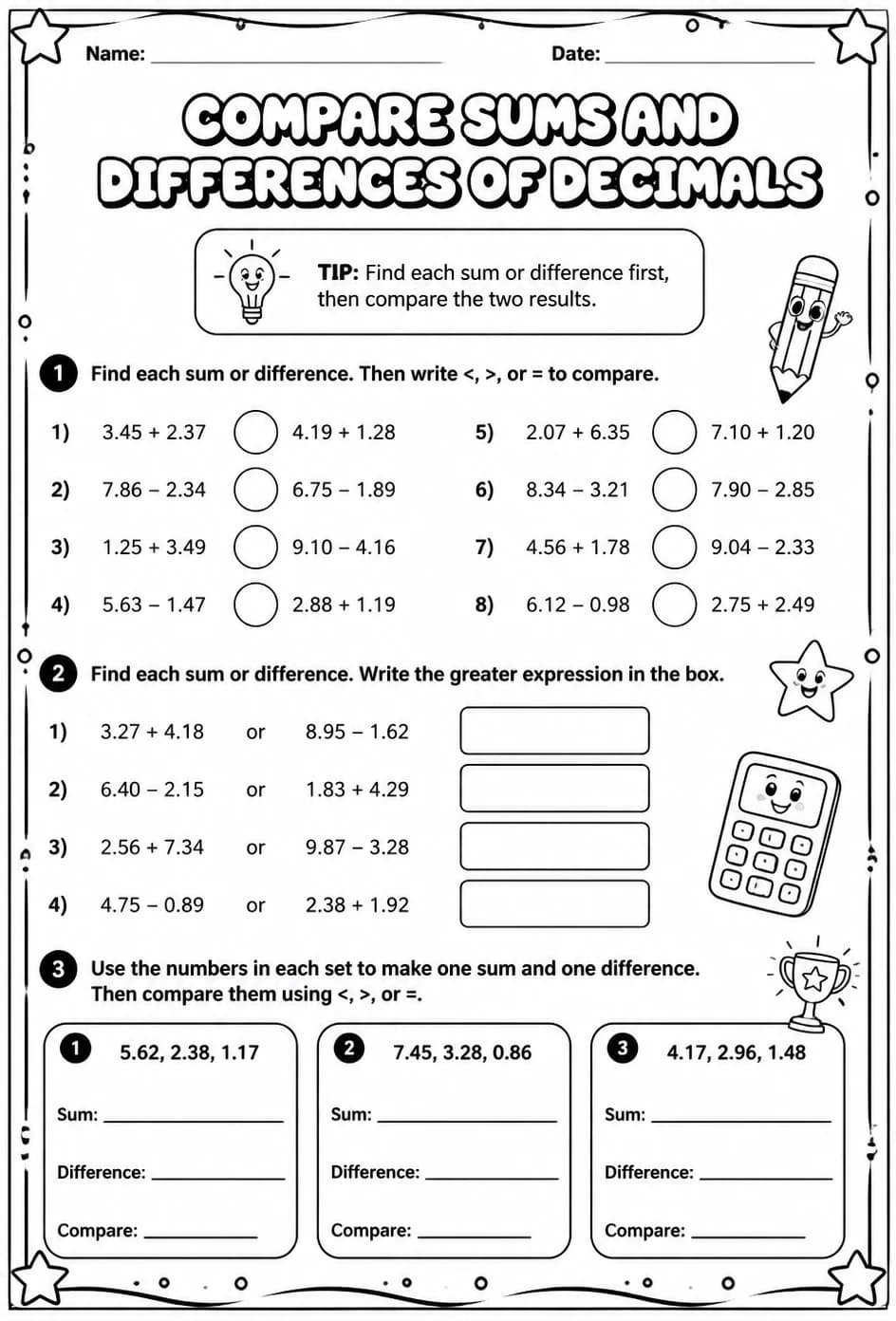 Compare sums and differences of decimals — free printable Grade 5 math worksheet