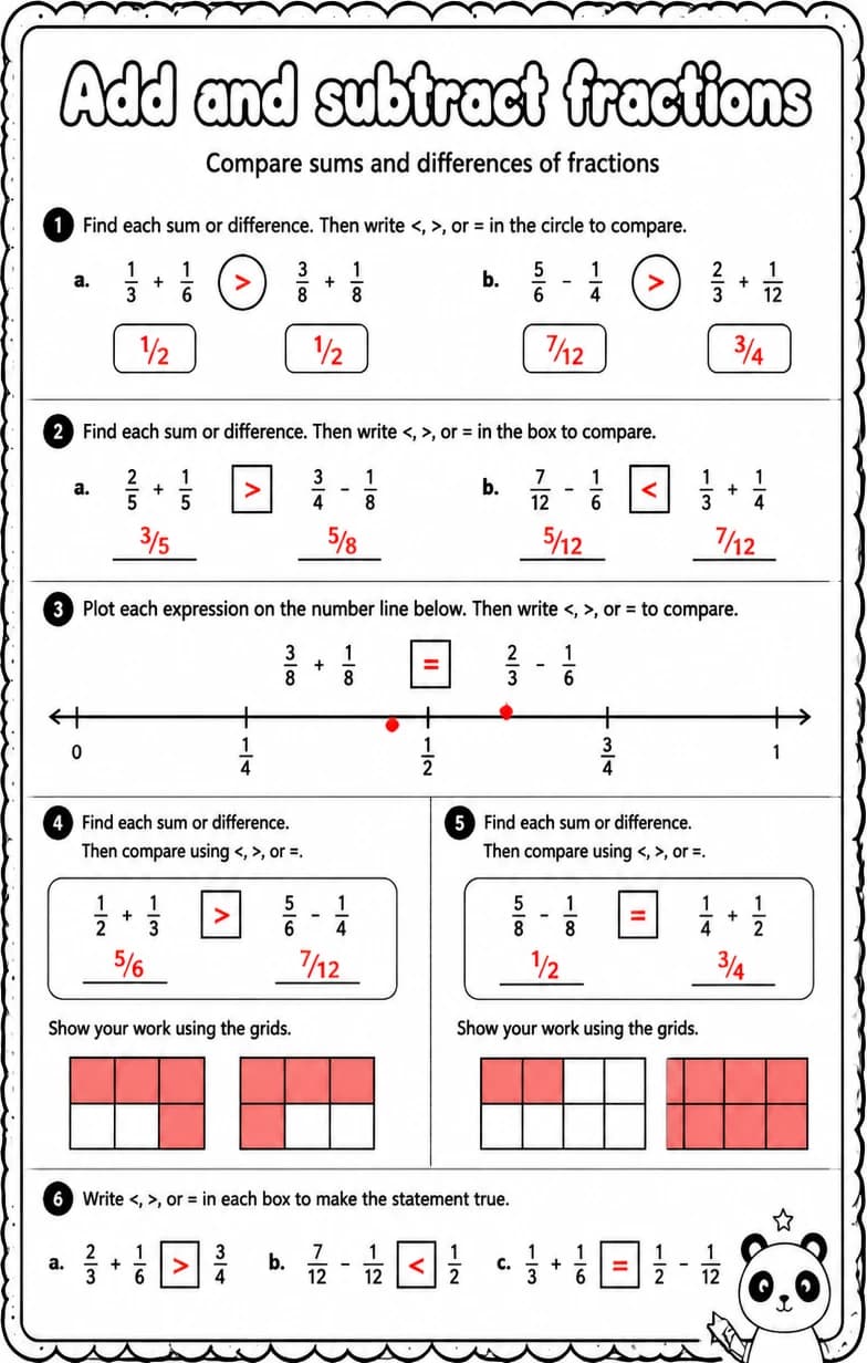 Answer key for Compare sums and differences of fractions — free printable Math worksheet