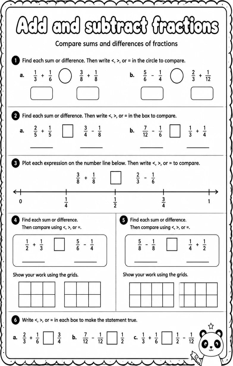 Compare sums and differences of fractions — free printable Grade 5 Math worksheet