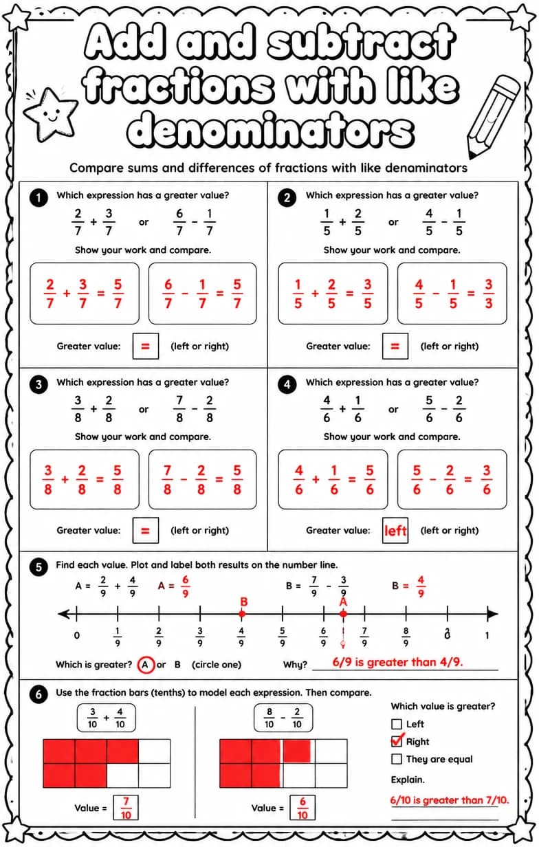 Answer key for Compare sums and differences of fractions with like denominators — free printable Math worksheet