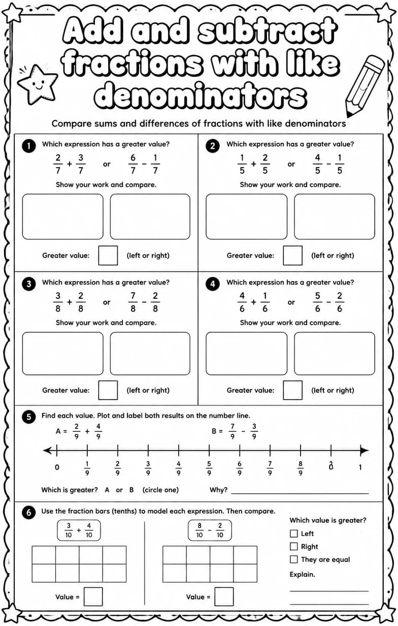 Compare sums and differences of fractions with like denominators — free printable Grade 4 Math worksheet