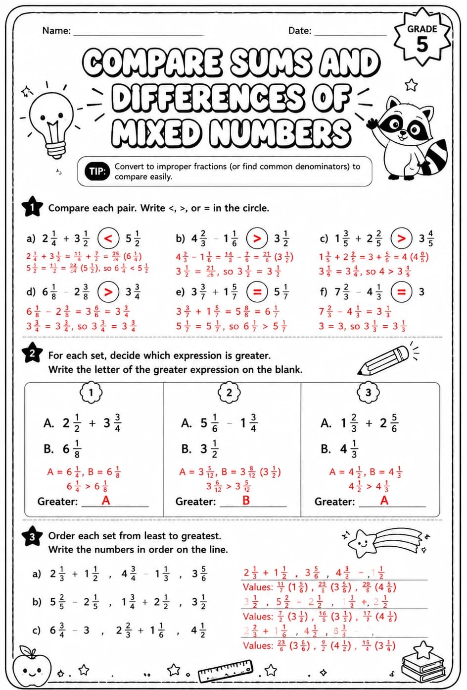 Answer key for Compare sums and differences of mixed numbers — free printable Math worksheet