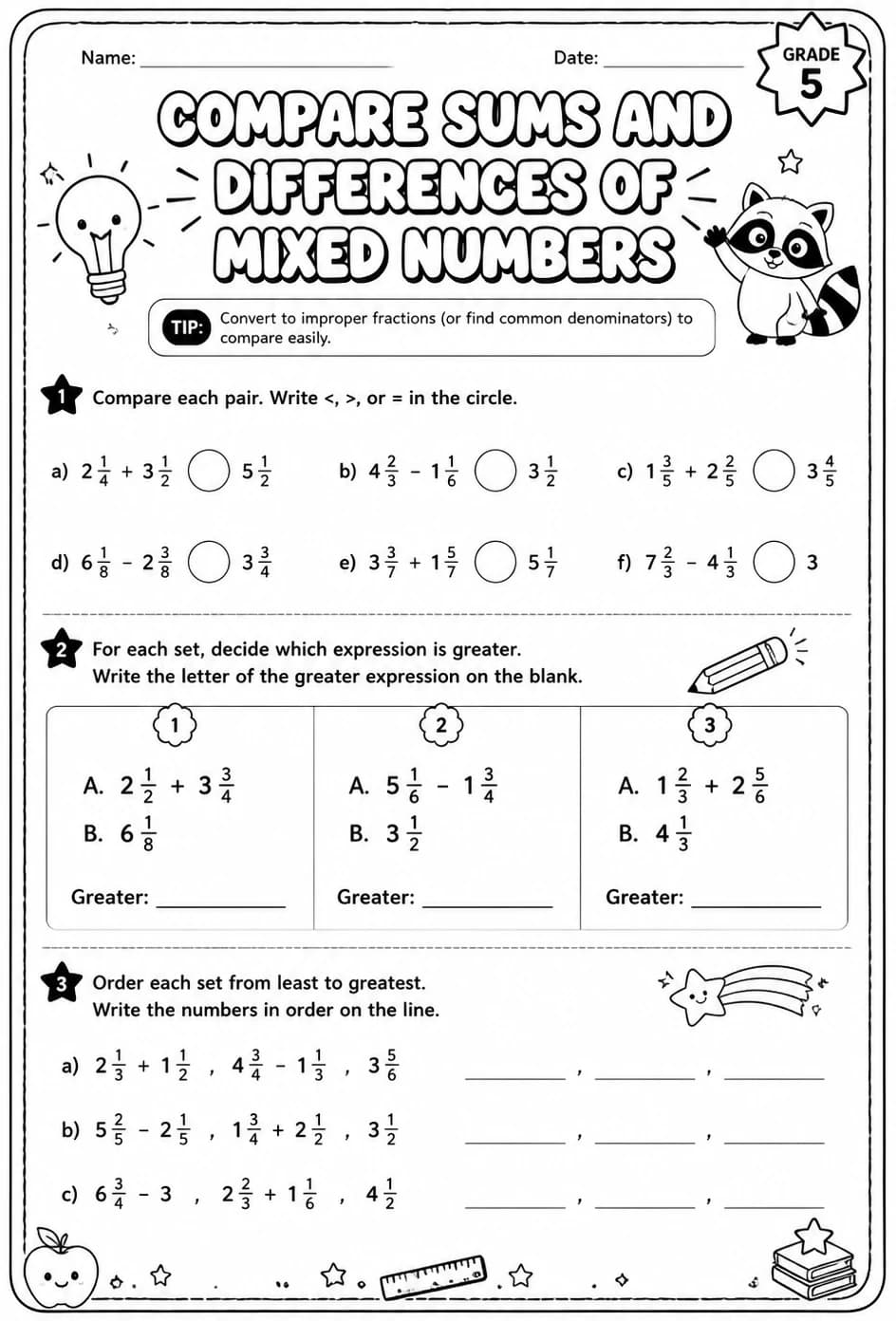 Compare sums and differences of mixed numbers — free printable Grade 5 math worksheet