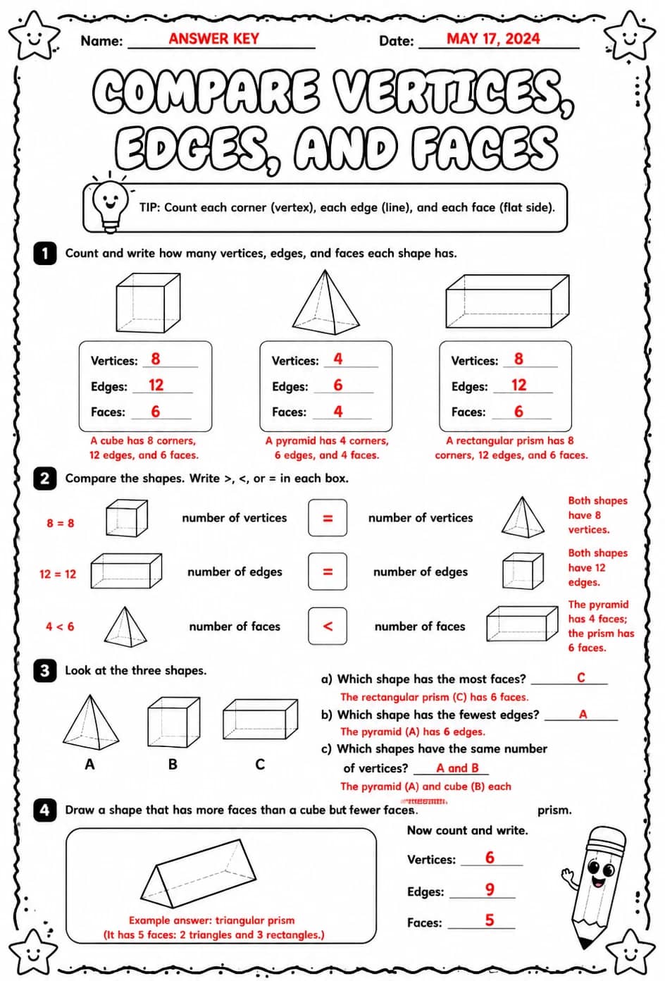 Answer key for Compare vertices, edges, and faces — free printable Math worksheet