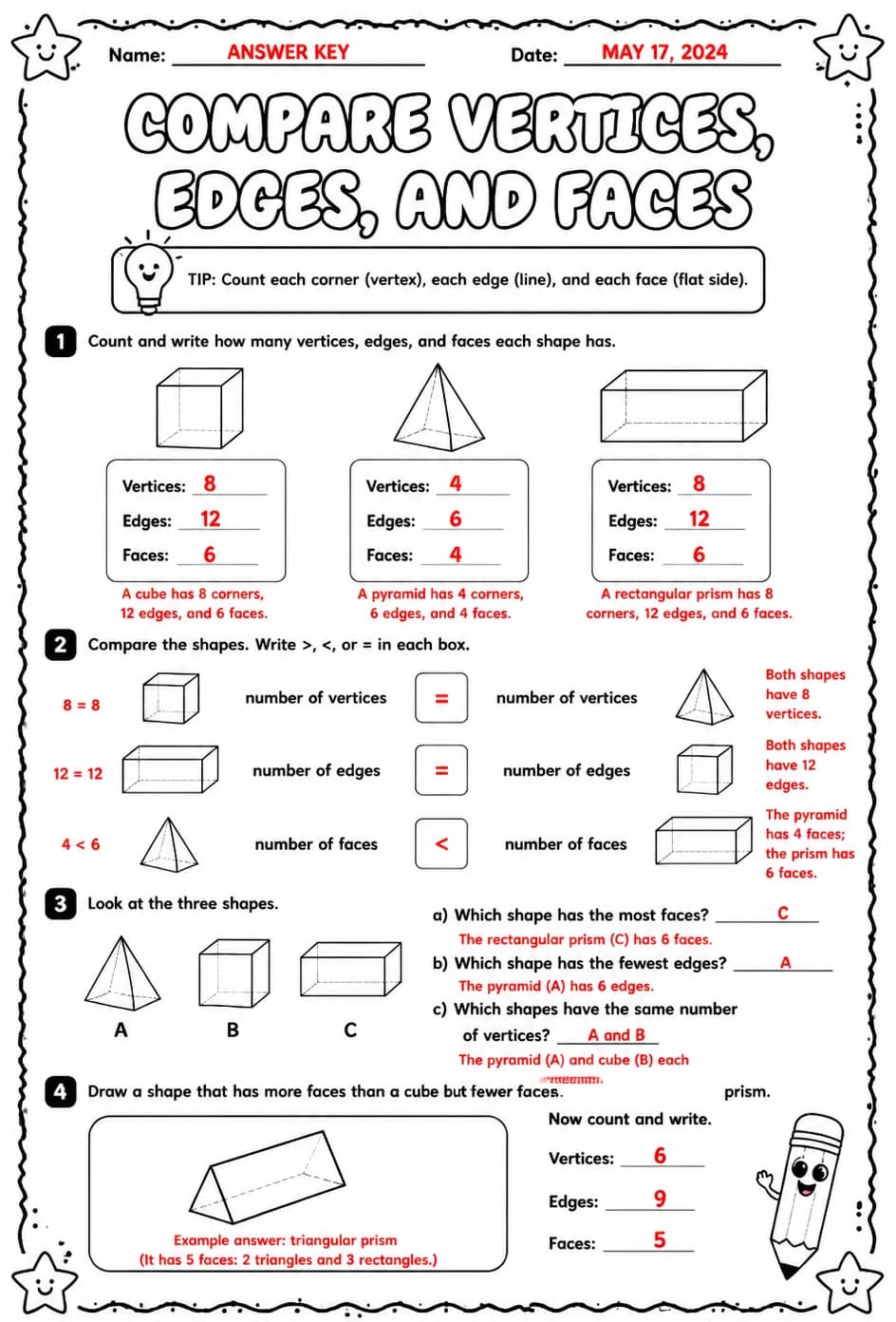 Answer key for Compare vertices, edges, and faces — free printable Math worksheet