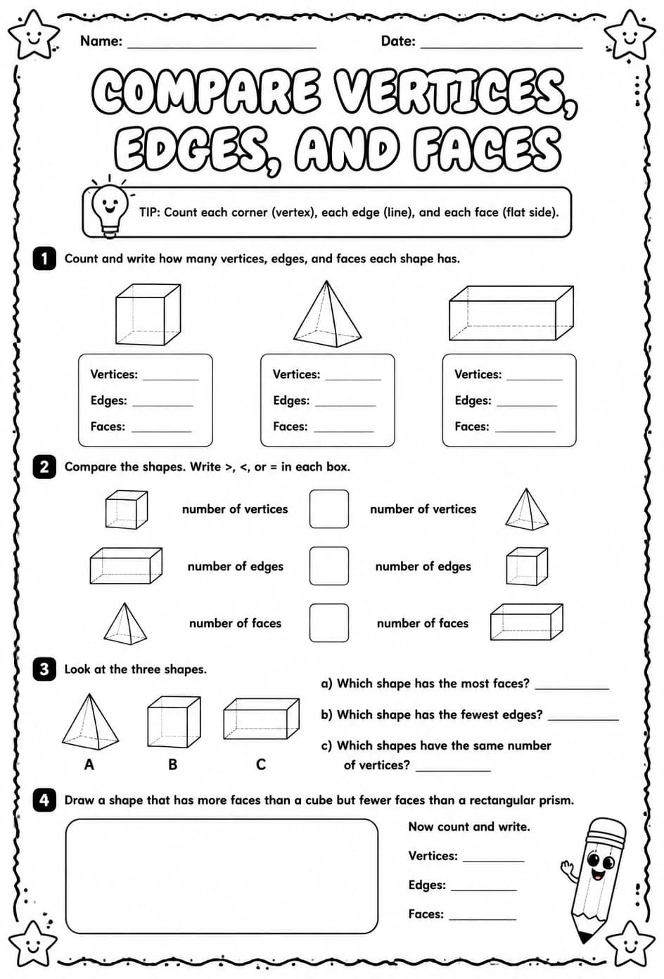 Compare vertices, edges, and faces — free printable Grade 1 math worksheet