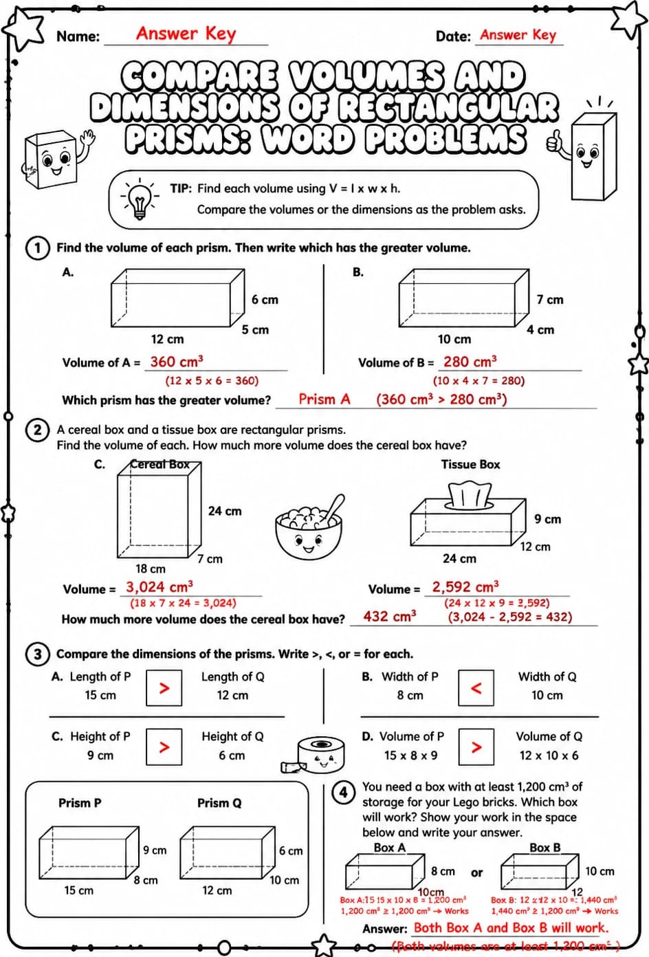 Answer key for Compare volumes and dimensions of rectangular prisms: word problems — free printable Math worksheet