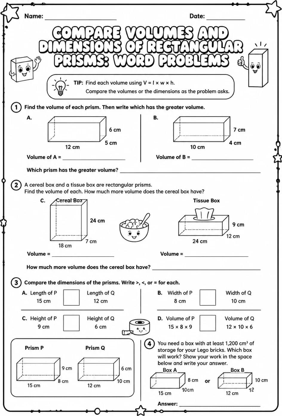 Compare volumes and dimensions of rectangular prisms: word problems — free printable Grade 5 math worksheet