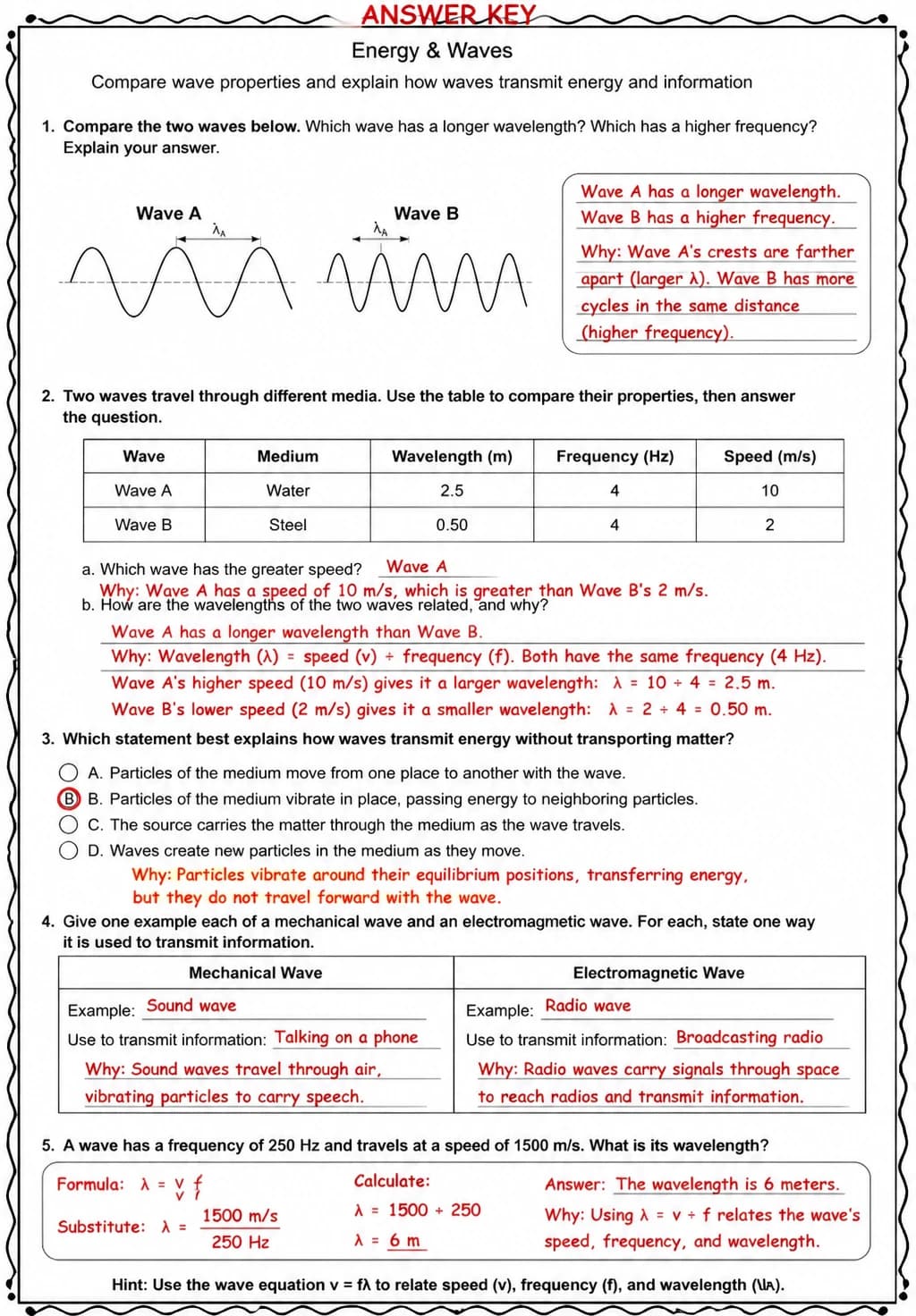 Answer key for Compare wave properties and explain how waves transmit energy and information — free printable Science worksheet