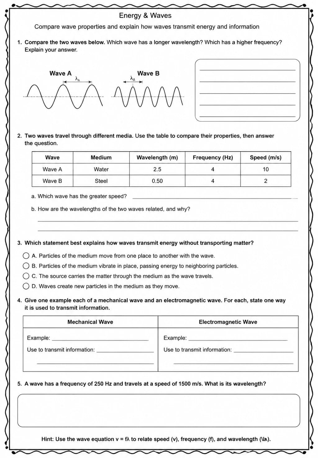 Compare wave properties and explain how waves transmit energy and information — free printable High School Science worksheet