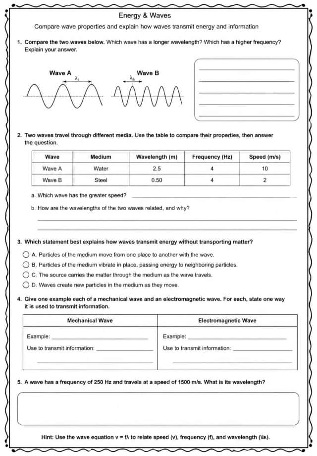 Compare wave properties and explain how waves transmit energy and information