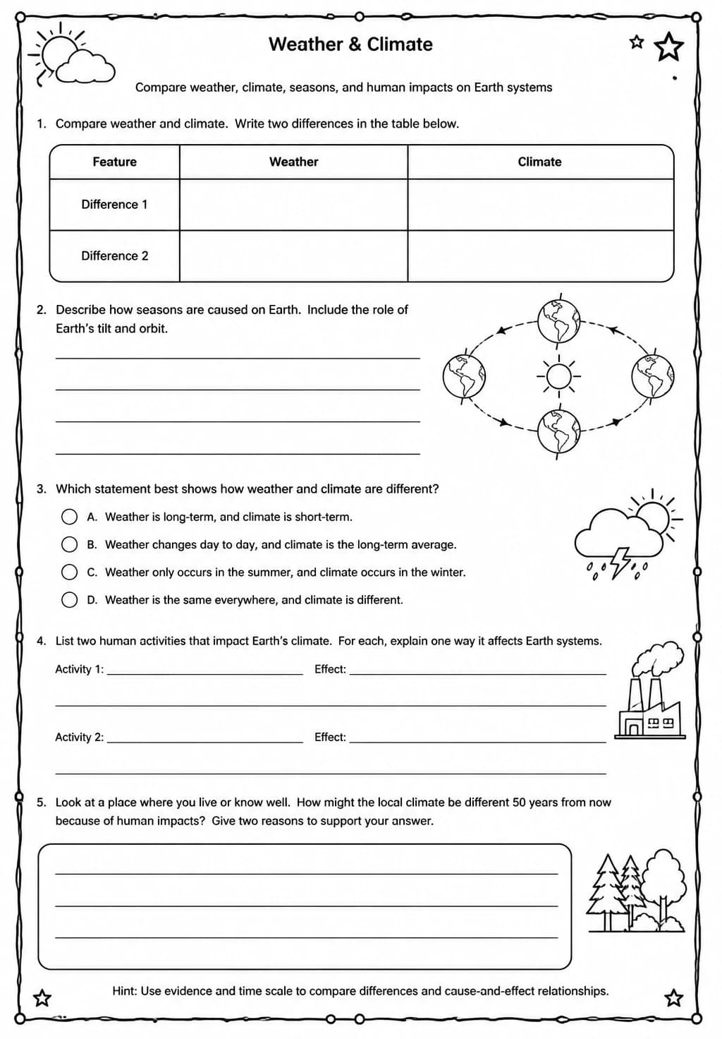 Compare weather, climate, seasons, and human impacts on Earth systems — free printable High School Science worksheet