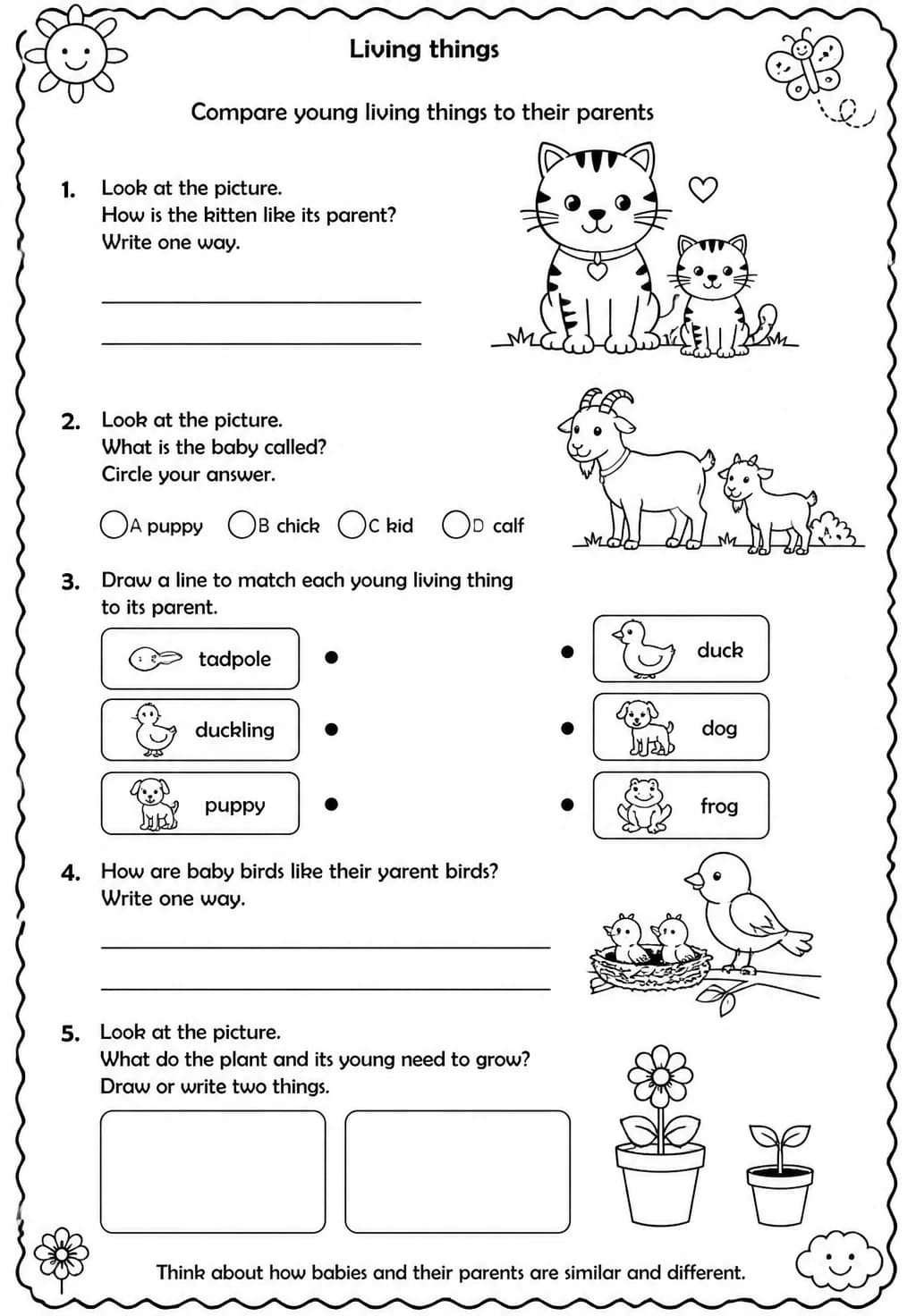 Compare young living things to their parents — free printable Kindergarten Science worksheet