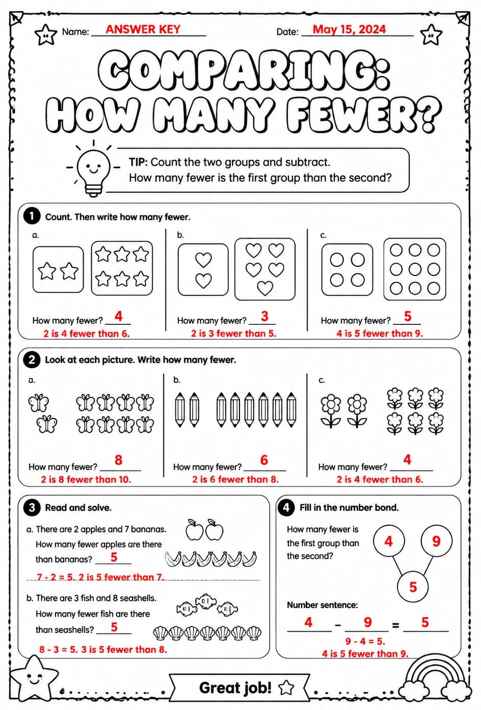 Answer key for Comparing: how many fewer? — free printable Math worksheet