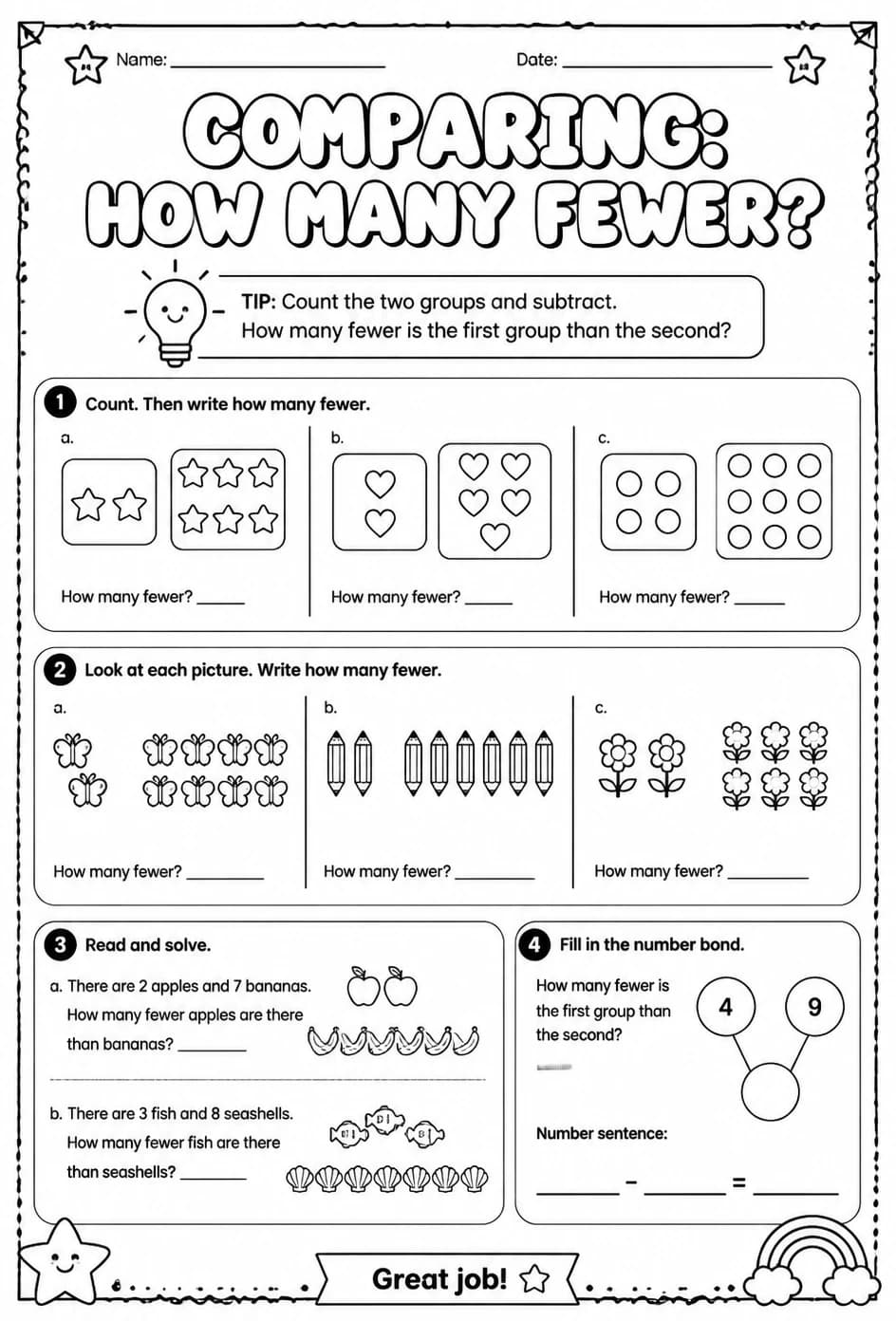 Comparing: how many fewer? — free printable Grade 1 math worksheet