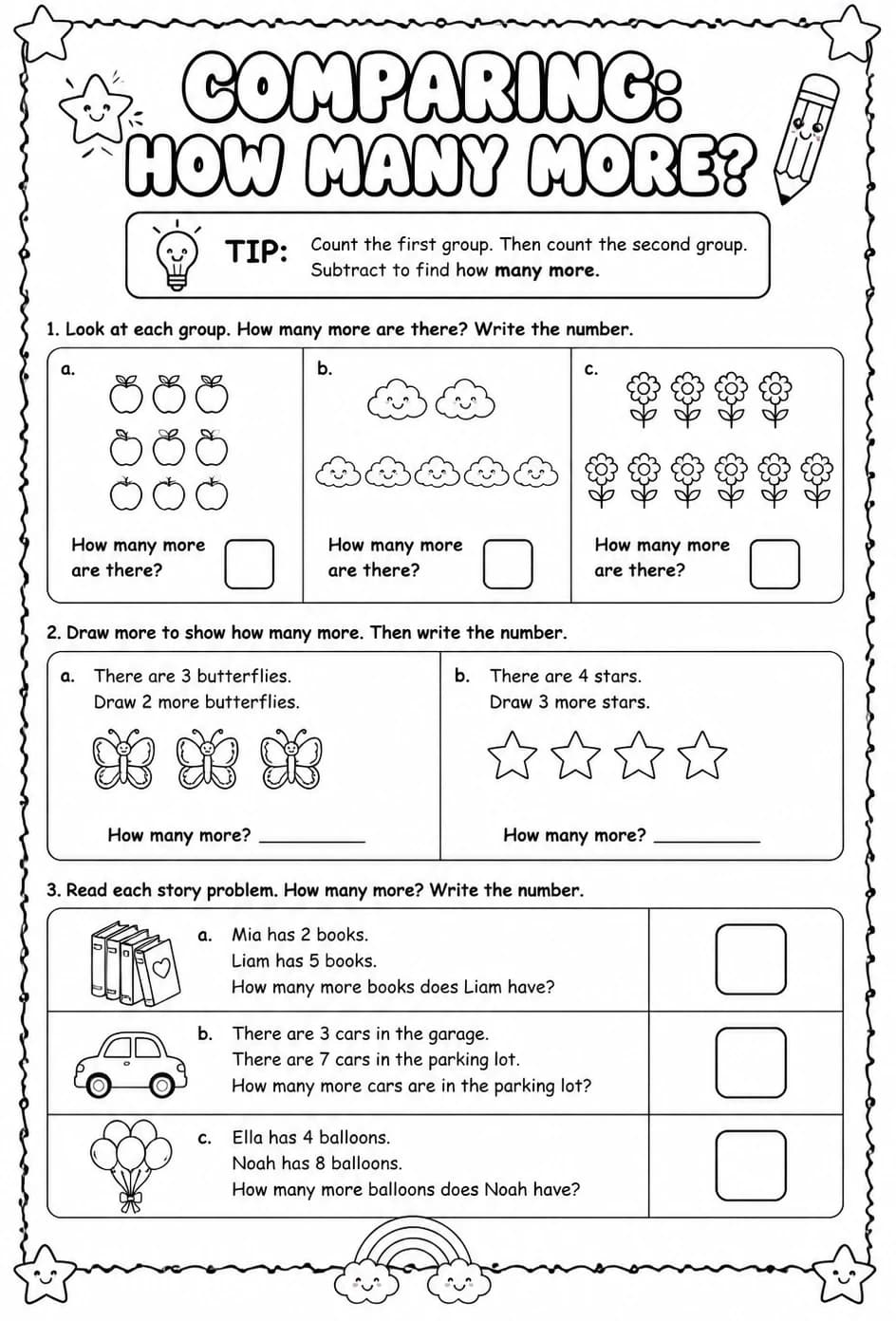Comparing: how many more? — free printable Grade 1 math worksheet