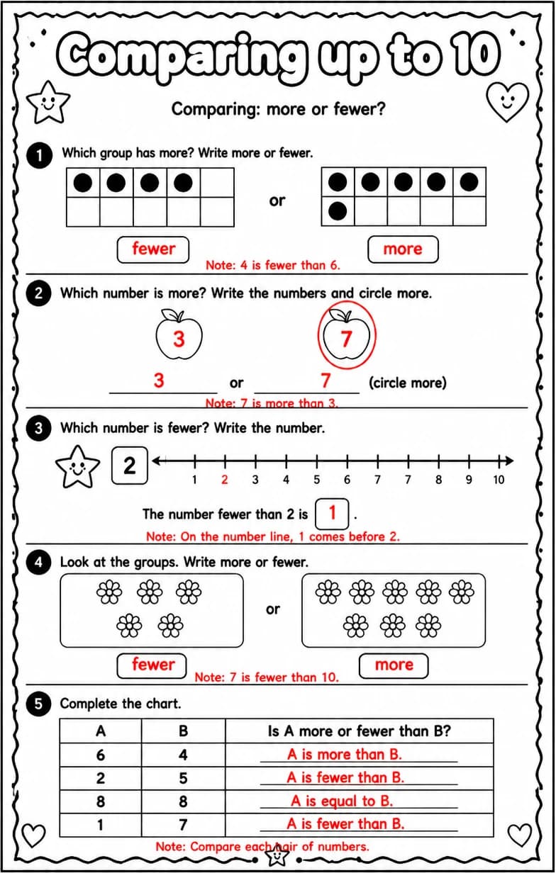 Answer key for Comparing: more or fewer? — free printable Math worksheet
