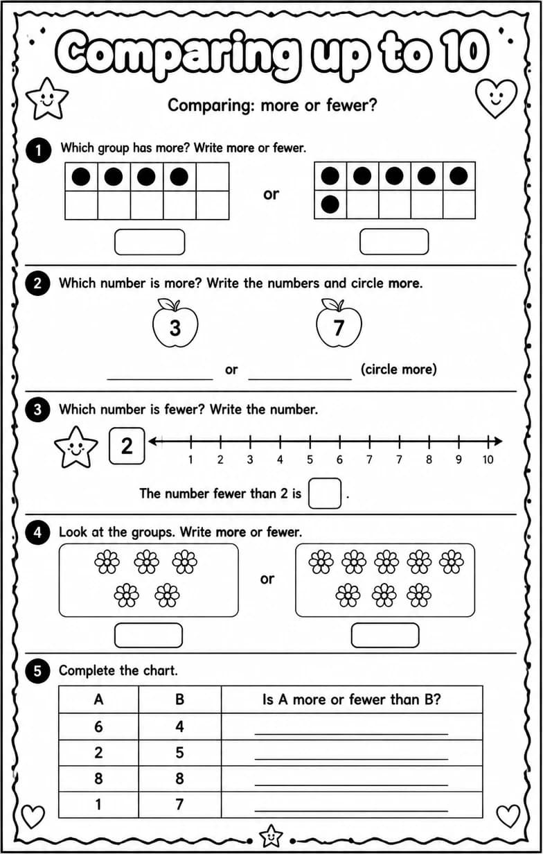Comparing: more or fewer? — free printable Grade 1 math worksheet