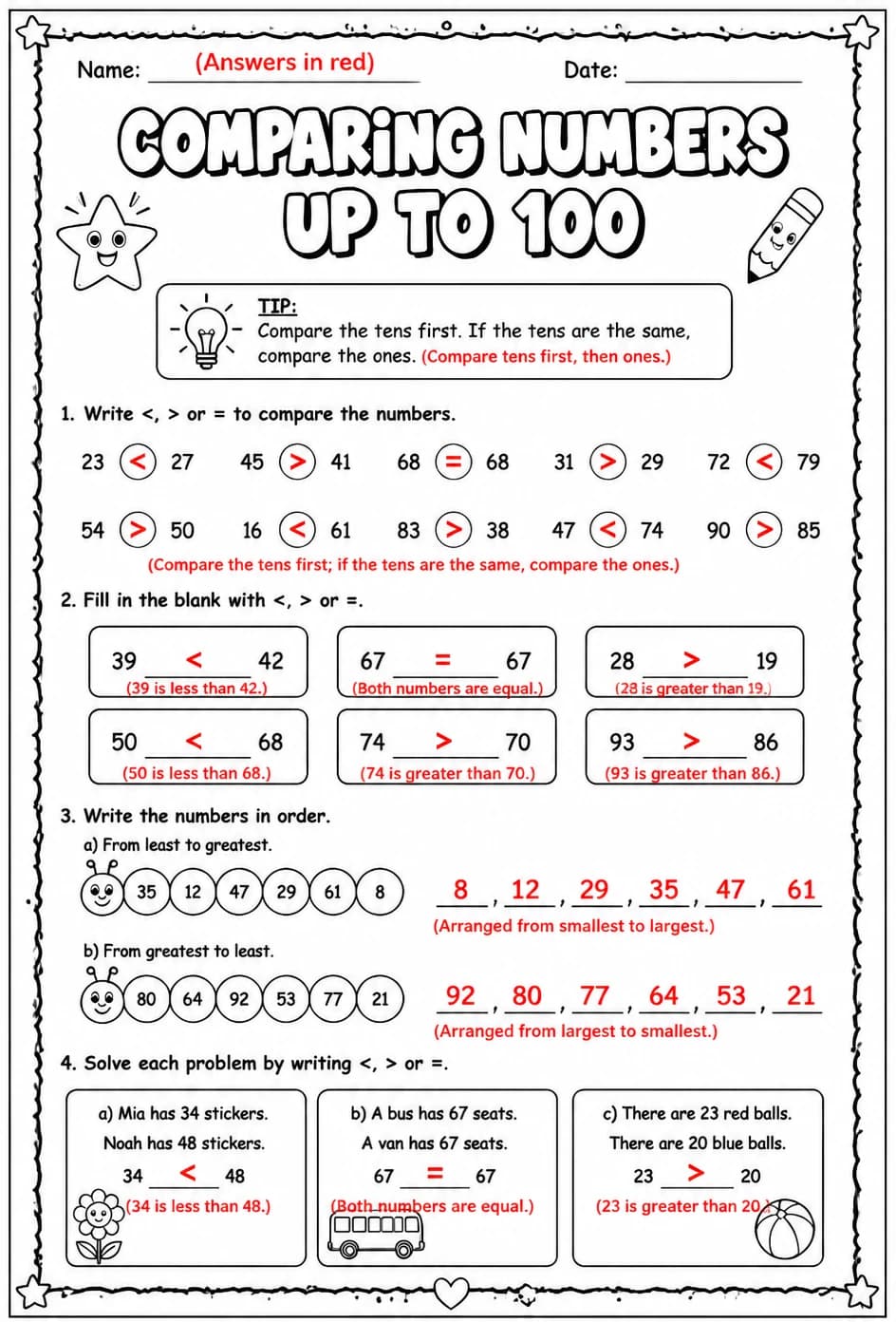Answer key for Comparing numbers up to 100 — free printable Math worksheet