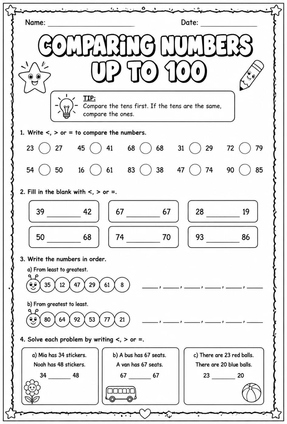 Comparing numbers up to 100 — free printable Grade 2 math worksheet