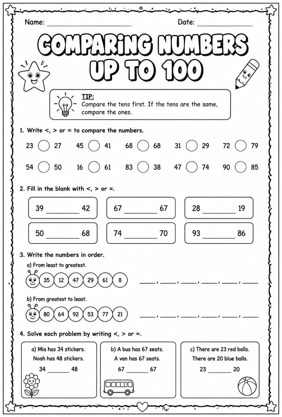 Comparing numbers up to 100 — free printable Grade 2 math worksheet