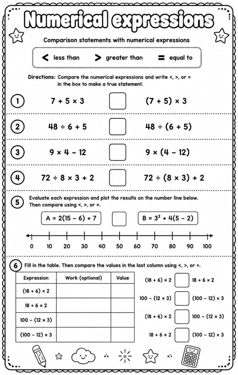 Comparison statements with numerical expressions — free printable Grade 5 Math worksheet
